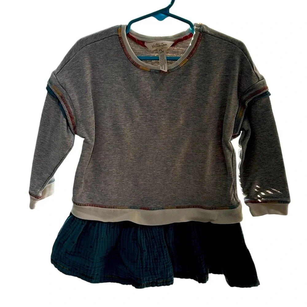 Matilda Jane Girls Gray Long Sleeve Dress Rainbow Trim Teal Skirt Size 4